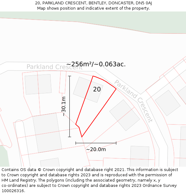 20, PARKLAND CRESCENT, BENTLEY, DONCASTER, DN5 0AJ: Plot and title map