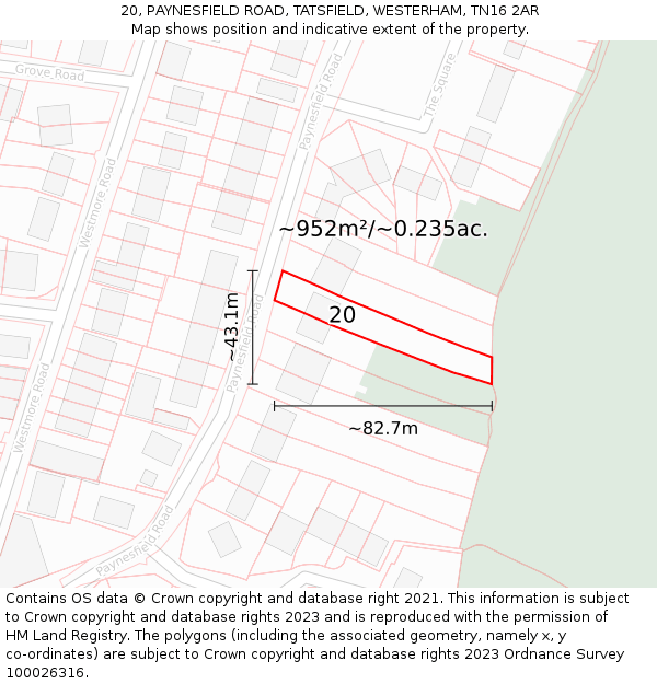 20, PAYNESFIELD ROAD, TATSFIELD, WESTERHAM, TN16 2AR: Plot and title map