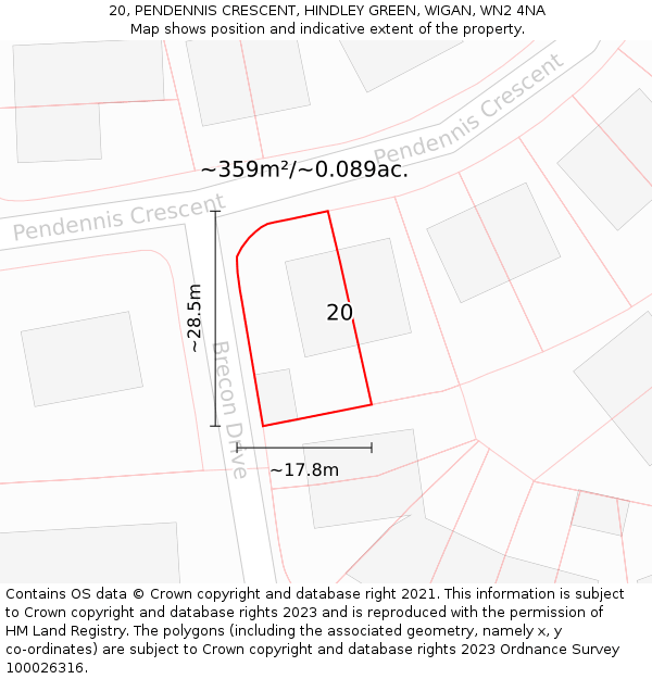 20, PENDENNIS CRESCENT, HINDLEY GREEN, WIGAN, WN2 4NA: Plot and title map