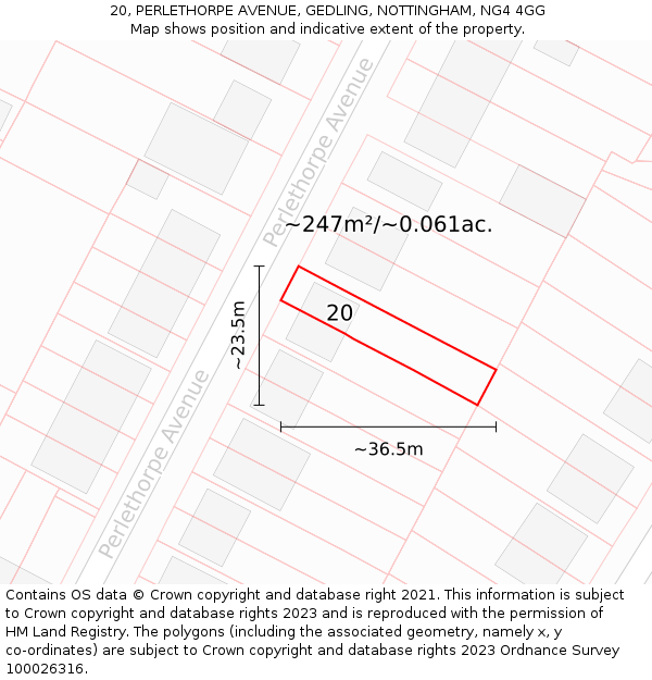 20, PERLETHORPE AVENUE, GEDLING, NOTTINGHAM, NG4 4GG: Plot and title map