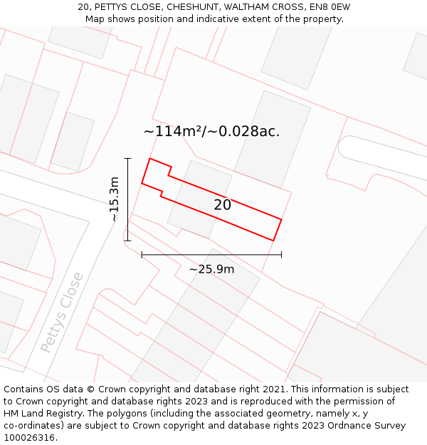 20, PETTYS CLOSE, CHESHUNT, WALTHAM CROSS, EN8 0EW: Plot and title map