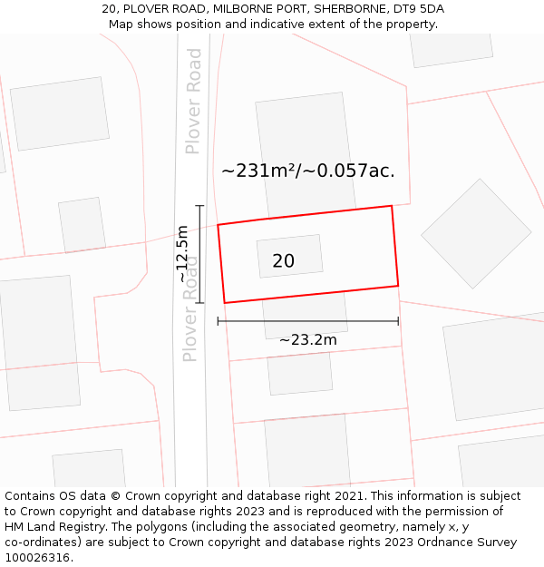 20, PLOVER ROAD, MILBORNE PORT, SHERBORNE, DT9 5DA: Plot and title map