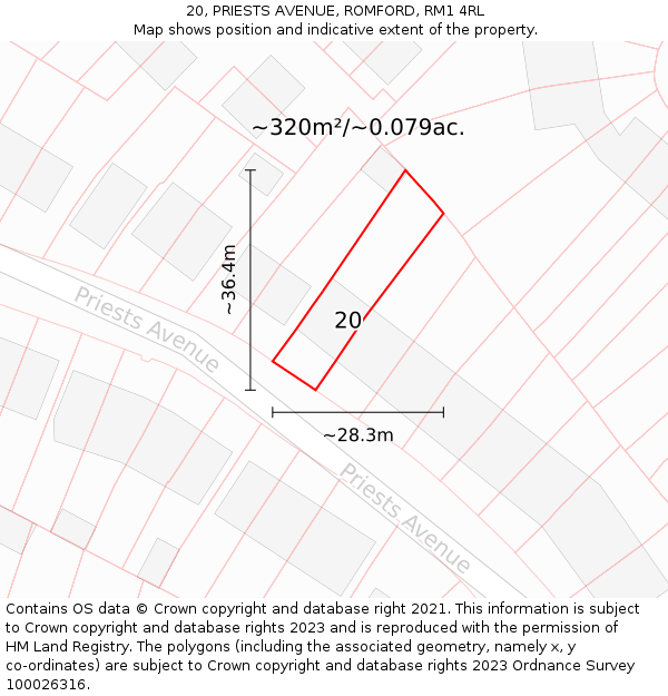 20, PRIESTS AVENUE, ROMFORD, RM1 4RL: Plot and title map