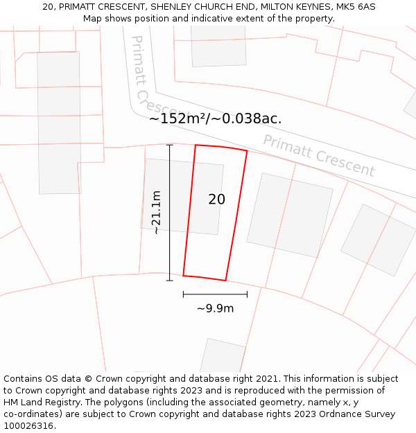 20, PRIMATT CRESCENT, SHENLEY CHURCH END, MILTON KEYNES, MK5 6AS: Plot and title map