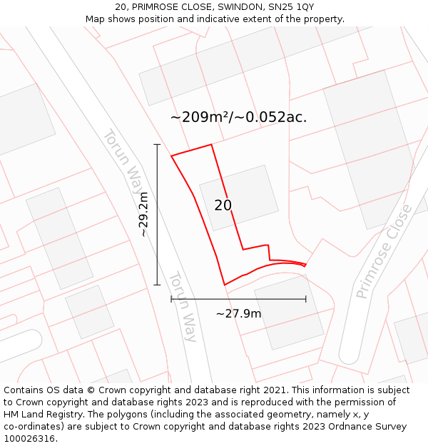 20, PRIMROSE CLOSE, SWINDON, SN25 1QY: Plot and title map