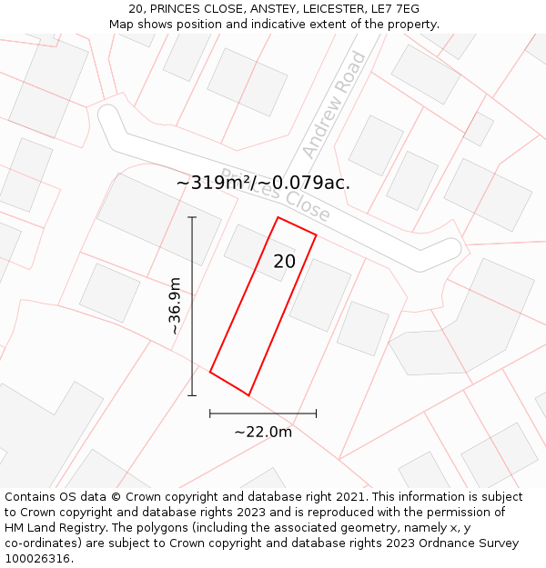 20, PRINCES CLOSE, ANSTEY, LEICESTER, LE7 7EG: Plot and title map