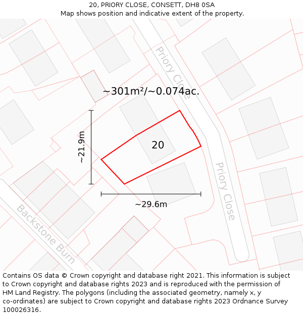 20, PRIORY CLOSE, CONSETT, DH8 0SA: Plot and title map