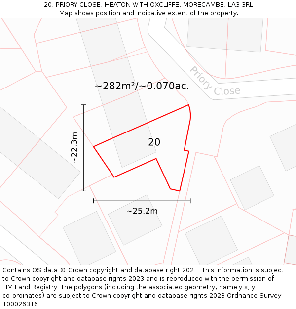 20, PRIORY CLOSE, HEATON WITH OXCLIFFE, MORECAMBE, LA3 3RL: Plot and title map