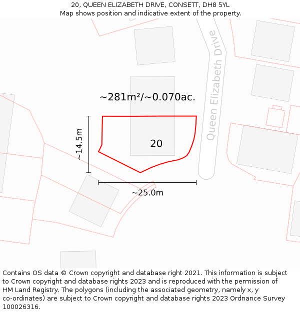 20, QUEEN ELIZABETH DRIVE, CONSETT, DH8 5YL: Plot and title map