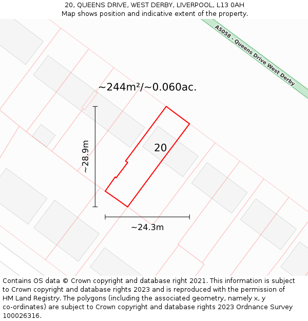 20, QUEENS DRIVE, WEST DERBY, LIVERPOOL, L13 0AH: Plot and title map