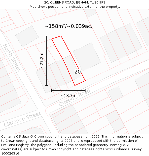 20, QUEENS ROAD, EGHAM, TW20 9RS: Plot and title map