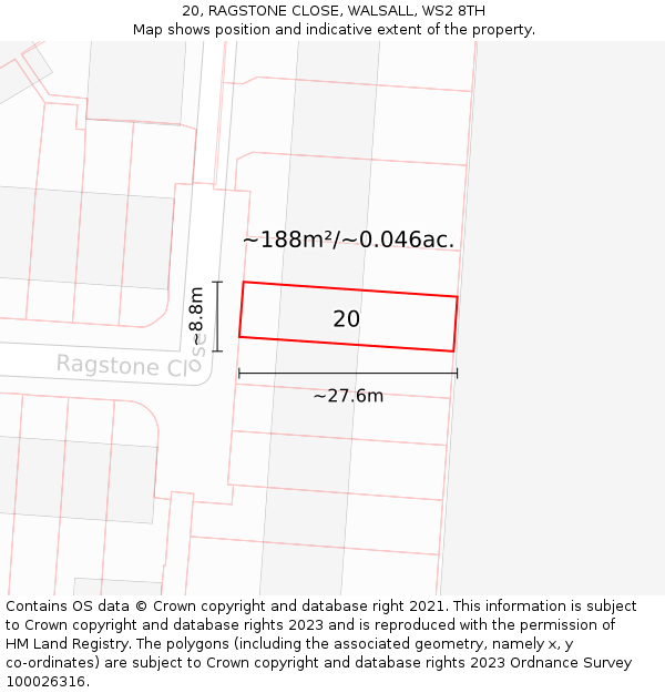 20, RAGSTONE CLOSE, WALSALL, WS2 8TH: Plot and title map