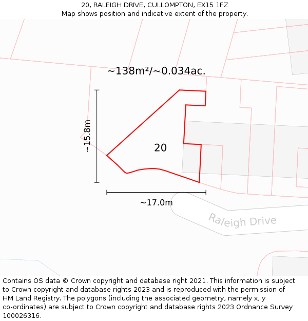 20, RALEIGH DRIVE, CULLOMPTON, EX15 1FZ: Plot and title map