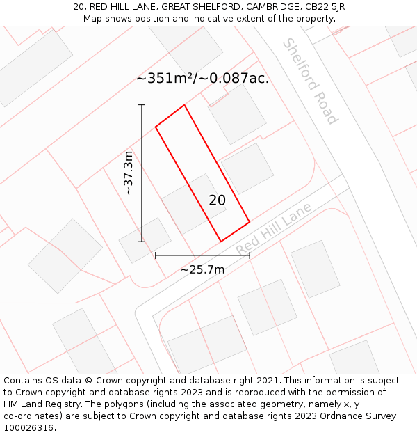 20, RED HILL LANE, GREAT SHELFORD, CAMBRIDGE, CB22 5JR: Plot and title map