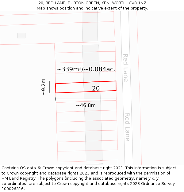 20, RED LANE, BURTON GREEN, KENILWORTH, CV8 1NZ: Plot and title map