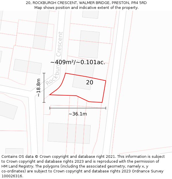 20, ROCKBURGH CRESCENT, WALMER BRIDGE, PRESTON, PR4 5RD: Plot and title map