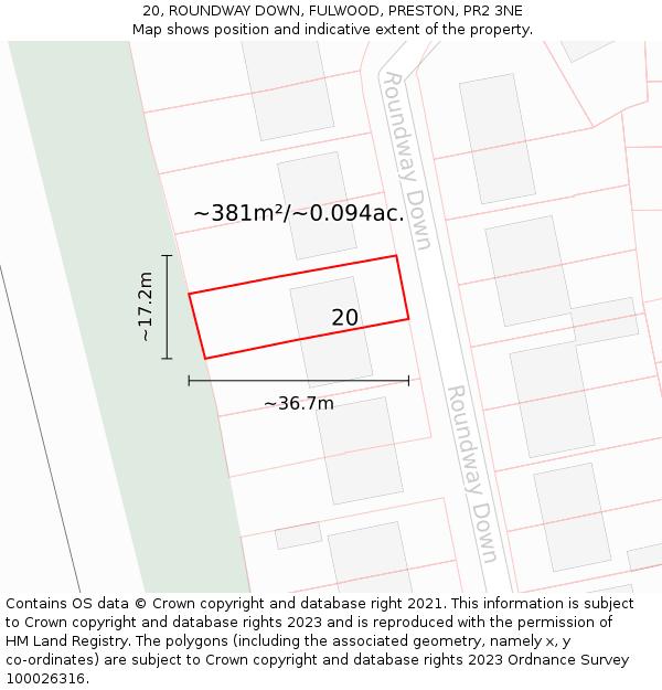 20, ROUNDWAY DOWN, FULWOOD, PRESTON, PR2 3NE: Plot and title map