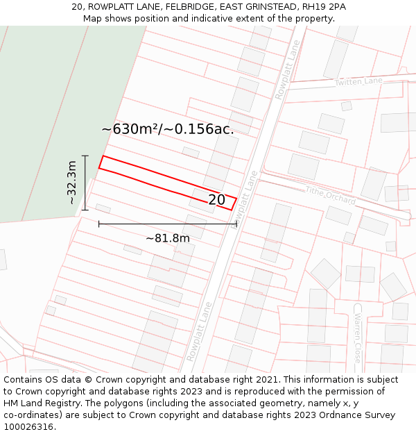 20, ROWPLATT LANE, FELBRIDGE, EAST GRINSTEAD, RH19 2PA: Plot and title map