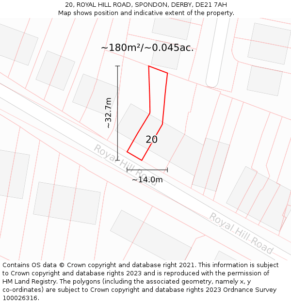 20, ROYAL HILL ROAD, SPONDON, DERBY, DE21 7AH: Plot and title map