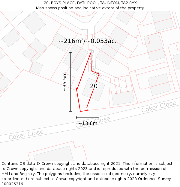 20, ROYS PLACE, BATHPOOL, TAUNTON, TA2 8AX: Plot and title map