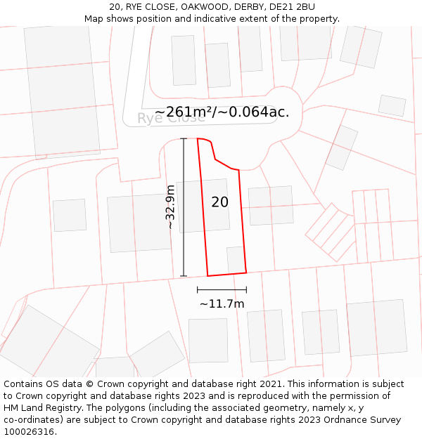 20, RYE CLOSE, OAKWOOD, DERBY, DE21 2BU: Plot and title map