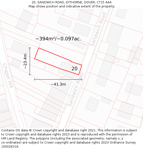 20, SANDWICH ROAD, EYTHORNE, DOVER, CT15 4AA: Plot and title map