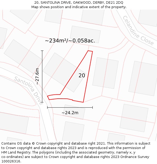 20, SANTOLINA DRIVE, OAKWOOD, DERBY, DE21 2DQ: Plot and title map