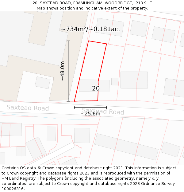20, SAXTEAD ROAD, FRAMLINGHAM, WOODBRIDGE, IP13 9HE: Plot and title map