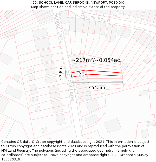 20, SCHOOL LANE, CARISBROOKE, NEWPORT, PO30 5JX: Plot and title map