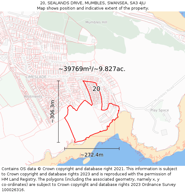 20, SEALANDS DRIVE, MUMBLES, SWANSEA, SA3 4JU: Plot and title map
