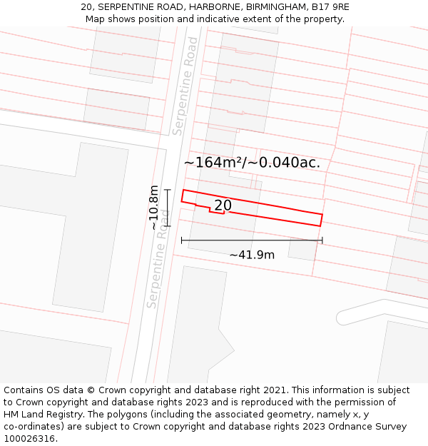 20, SERPENTINE ROAD, HARBORNE, BIRMINGHAM, B17 9RE: Plot and title map