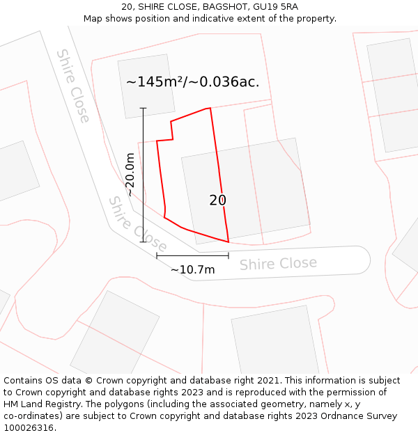 20, SHIRE CLOSE, BAGSHOT, GU19 5RA: Plot and title map