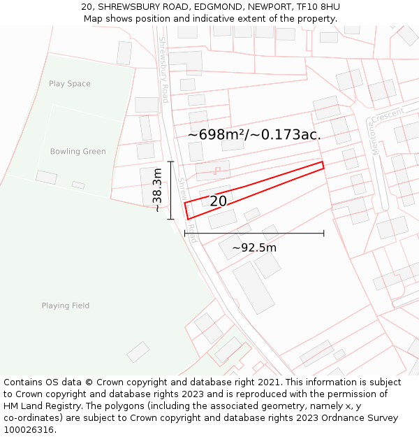 20, SHREWSBURY ROAD, EDGMOND, NEWPORT, TF10 8HU: Plot and title map