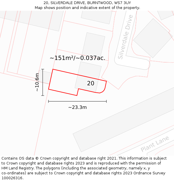 20, SILVERDALE DRIVE, BURNTWOOD, WS7 3UY: Plot and title map