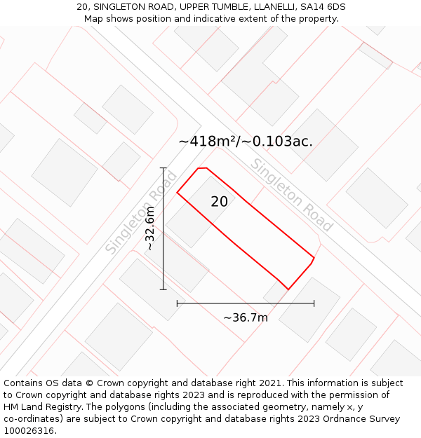 20, SINGLETON ROAD, UPPER TUMBLE, LLANELLI, SA14 6DS: Plot and title map