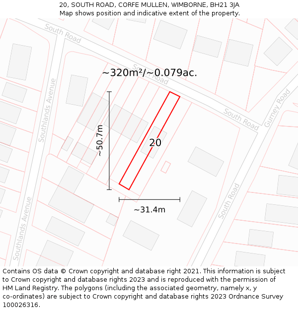 20, SOUTH ROAD, CORFE MULLEN, WIMBORNE, BH21 3JA: Plot and title map