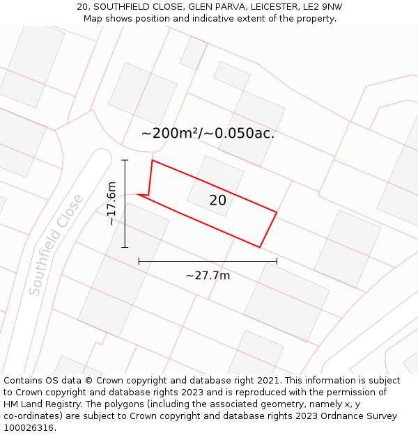 20, SOUTHFIELD CLOSE, GLEN PARVA, LEICESTER, LE2 9NW: Plot and title map