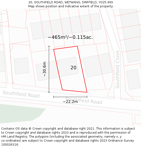 20, SOUTHFIELD ROAD, WETWANG, DRIFFIELD, YO25 9XX: Plot and title map