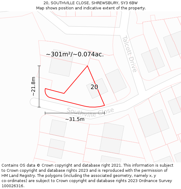 20, SOUTHVILLE CLOSE, SHREWSBURY, SY3 6BW: Plot and title map