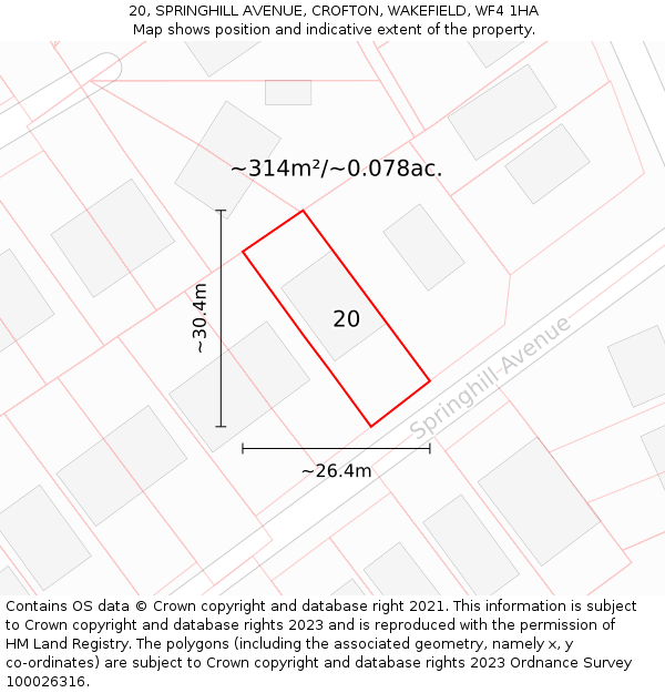 20, SPRINGHILL AVENUE, CROFTON, WAKEFIELD, WF4 1HA: Plot and title map