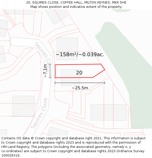 20, SQUIRES CLOSE, COFFEE HALL, MILTON KEYNES, MK6 5HE: Plot and title map