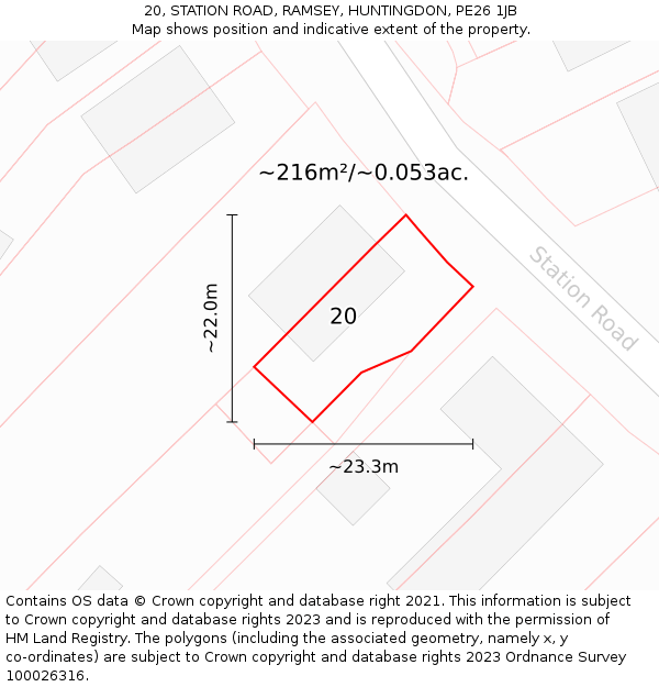 20, STATION ROAD, RAMSEY, HUNTINGDON, PE26 1JB: Plot and title map