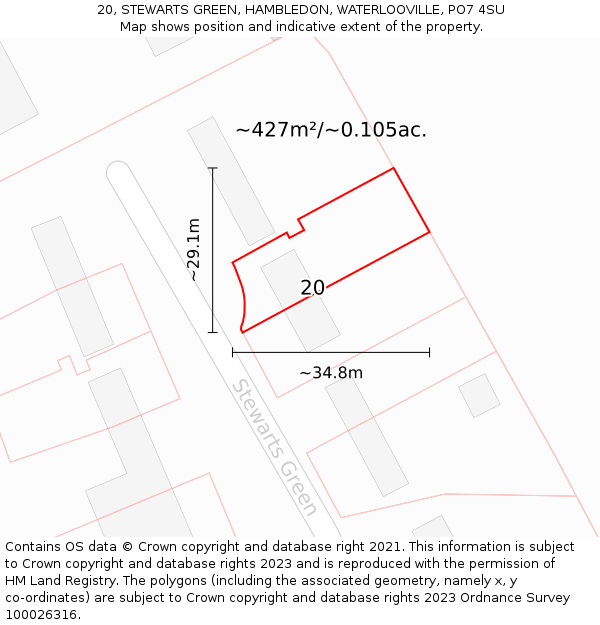 20, STEWARTS GREEN, HAMBLEDON, WATERLOOVILLE, PO7 4SU: Plot and title map