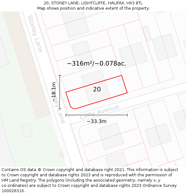 20, STONEY LANE, LIGHTCLIFFE, HALIFAX, HX3 8TL: Plot and title map