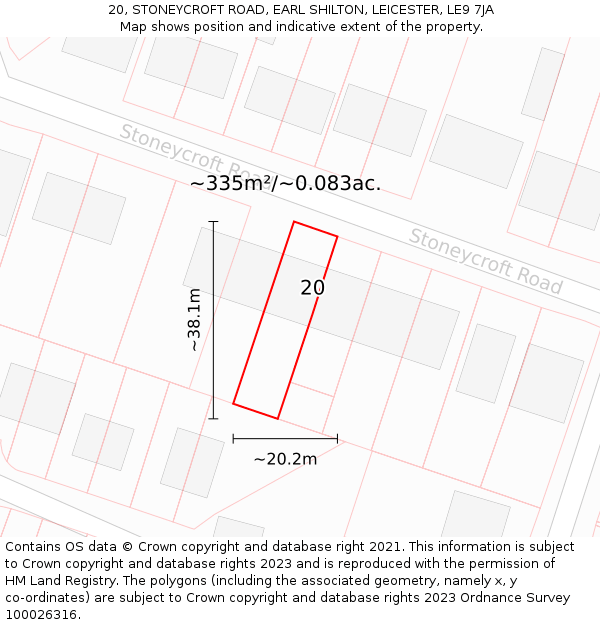 20, STONEYCROFT ROAD, EARL SHILTON, LEICESTER, LE9 7JA: Plot and title map