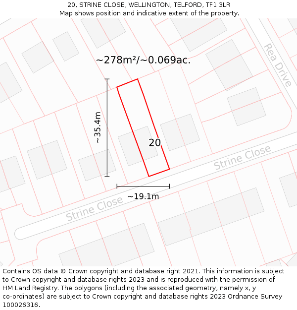 20, STRINE CLOSE, WELLINGTON, TELFORD, TF1 3LR: Plot and title map