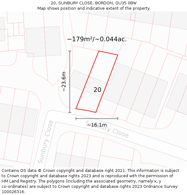 20, SUNBURY CLOSE, BORDON, GU35 0BW: Plot and title map