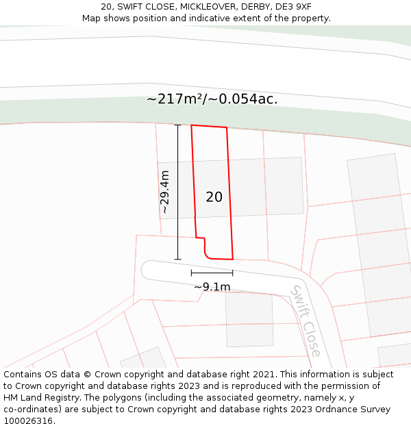 20, SWIFT CLOSE, MICKLEOVER, DERBY, DE3 9XF: Plot and title map