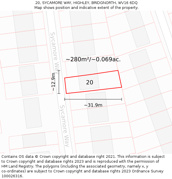 20, SYCAMORE WAY, HIGHLEY, BRIDGNORTH, WV16 6DQ: Plot and title map