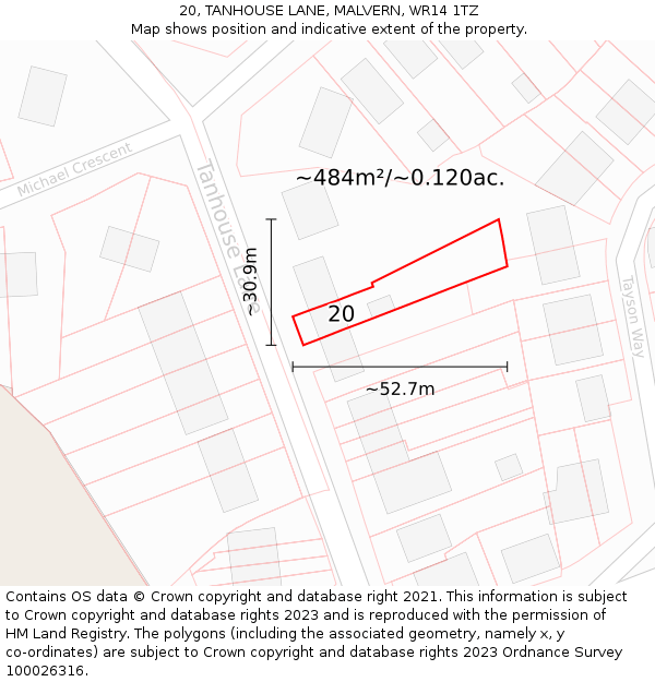 20, TANHOUSE LANE, MALVERN, WR14 1TZ: Plot and title map